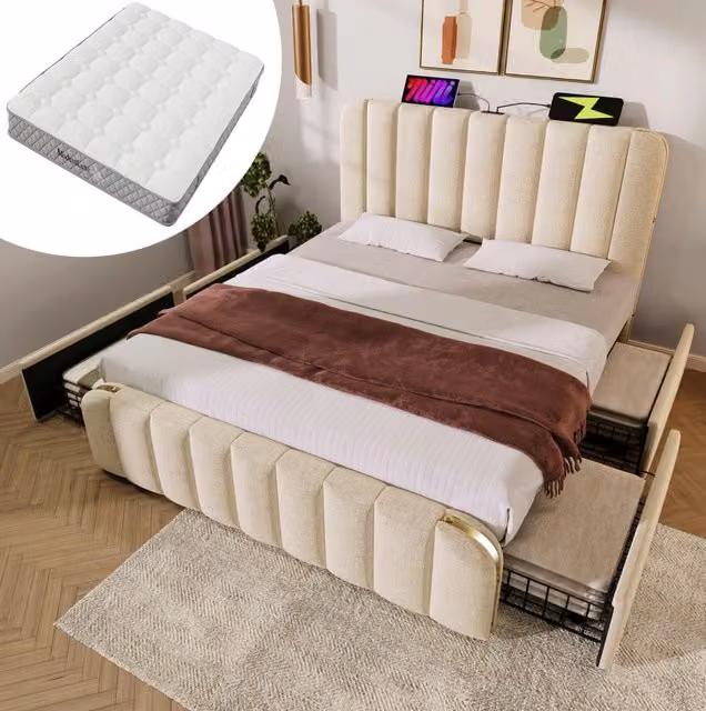 Letto matrimoniale imbottito 180x200 cm in lino beige con 4 cassetti; USB e materasso