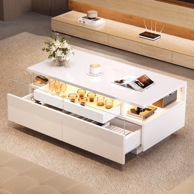 okwish Tavolino, tavolino con vetro temperato lucido tavolino con 2 cassetti, tavolino con illuminazione LED, bianco