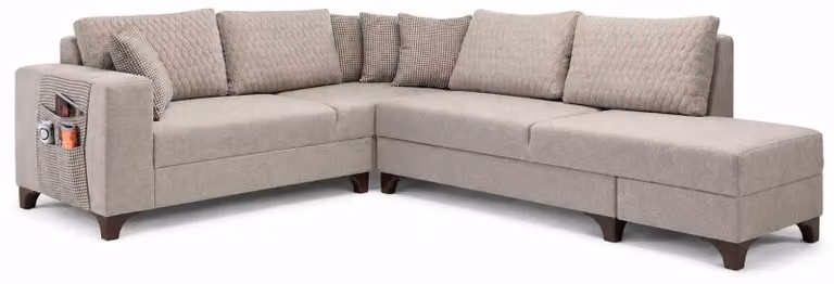 Divano angolare da soggiorno, design moderno, colore beige, forma a "L", con gambe in legno, elegante
