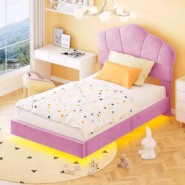 Letto singolo imbottito 90×200 cm con LED, testiera a nuvola e rete a doghe, senza materasso, velluto rosa