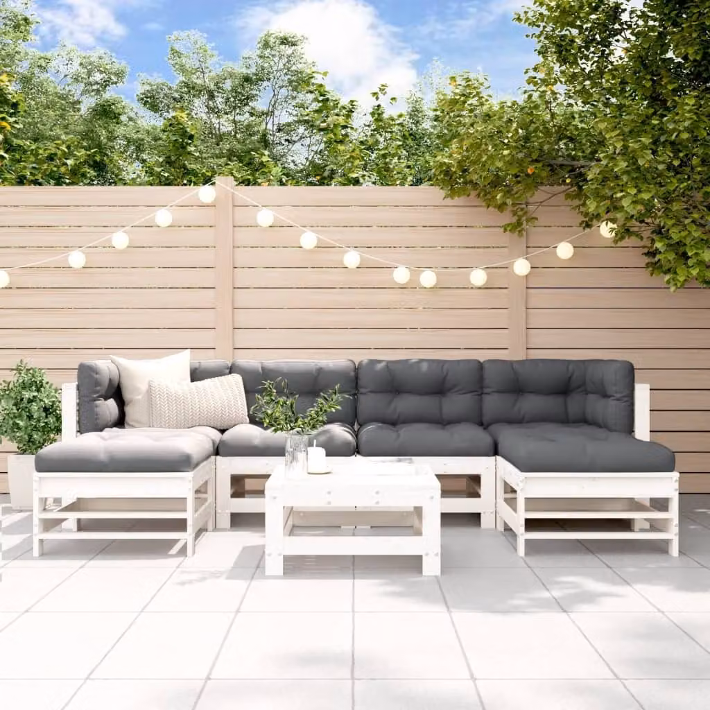 The Living Store Set da giardino 7 pezzi con cuscini in legno massiccio bianco