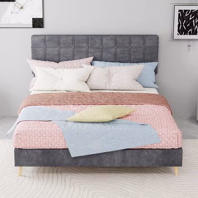 Letto 140x200 cm con testiera trapuntata e gambe in legno in velluto grigio