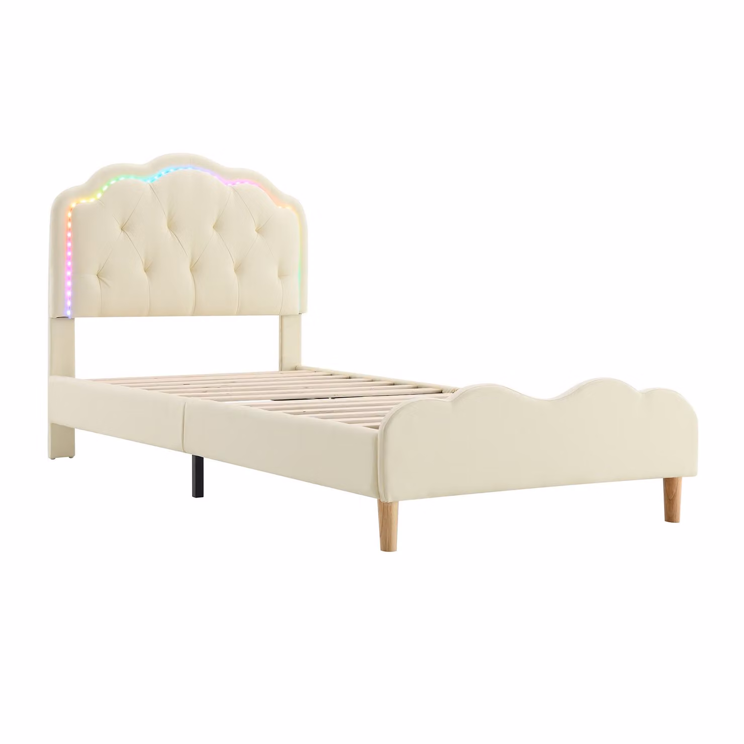 Letto Imbottito Aosom Italy con Testiera Ondulata in Pelle PU, Striscia LED Integrata e Doghe in Legno, Bianco, 90x200 cm – 2
