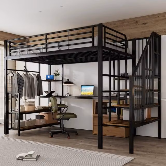 Letto a soppalco 120x200 cm con scala laterale; porta di ricarica e appendiabiti; nero noce scuro