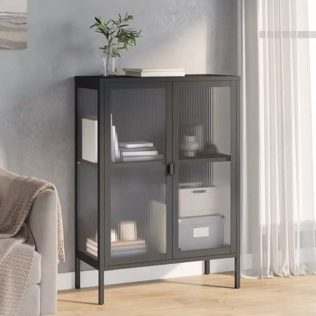 Credenza-Buffet-Armadio da cucina Nera 75x35x105 cm Vetro e Acciaio