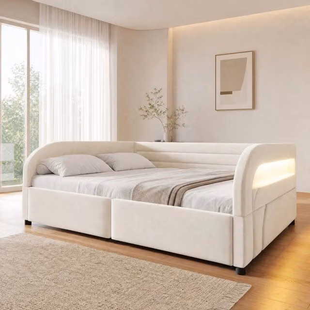Letto a piattaforma imbottito 140x200 cm con contenitore idraulico e illuminazione LED, beige