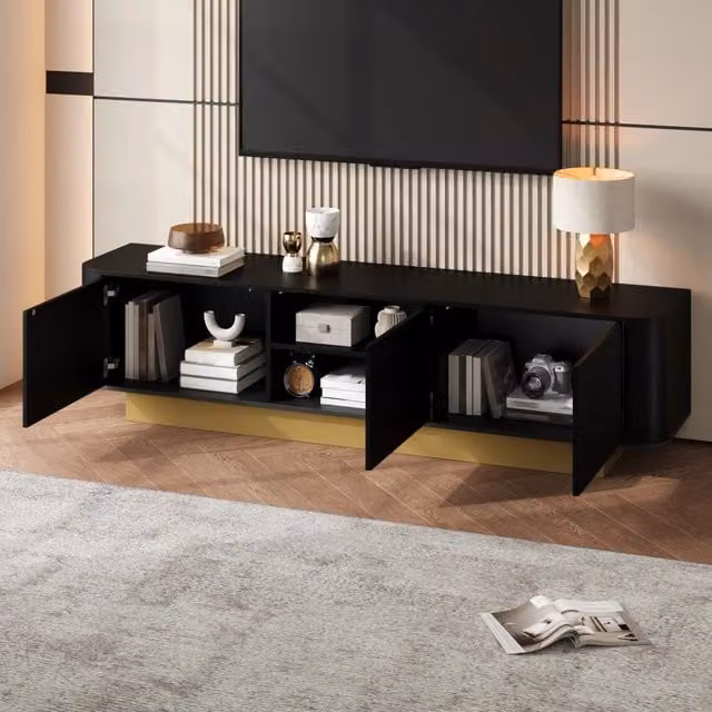 Mobile TV con 3 ante e ripiano centrale regolabile, passacavi posteriore, per soggiorno, nero, 170 × 40.5 × 47 cm