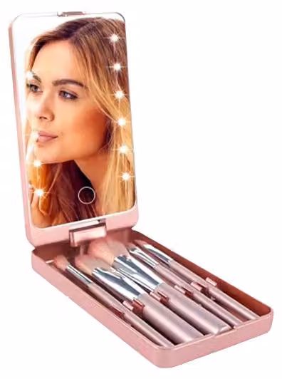 Specchio cosmetico LED + 5 pennelli per il trucco nero