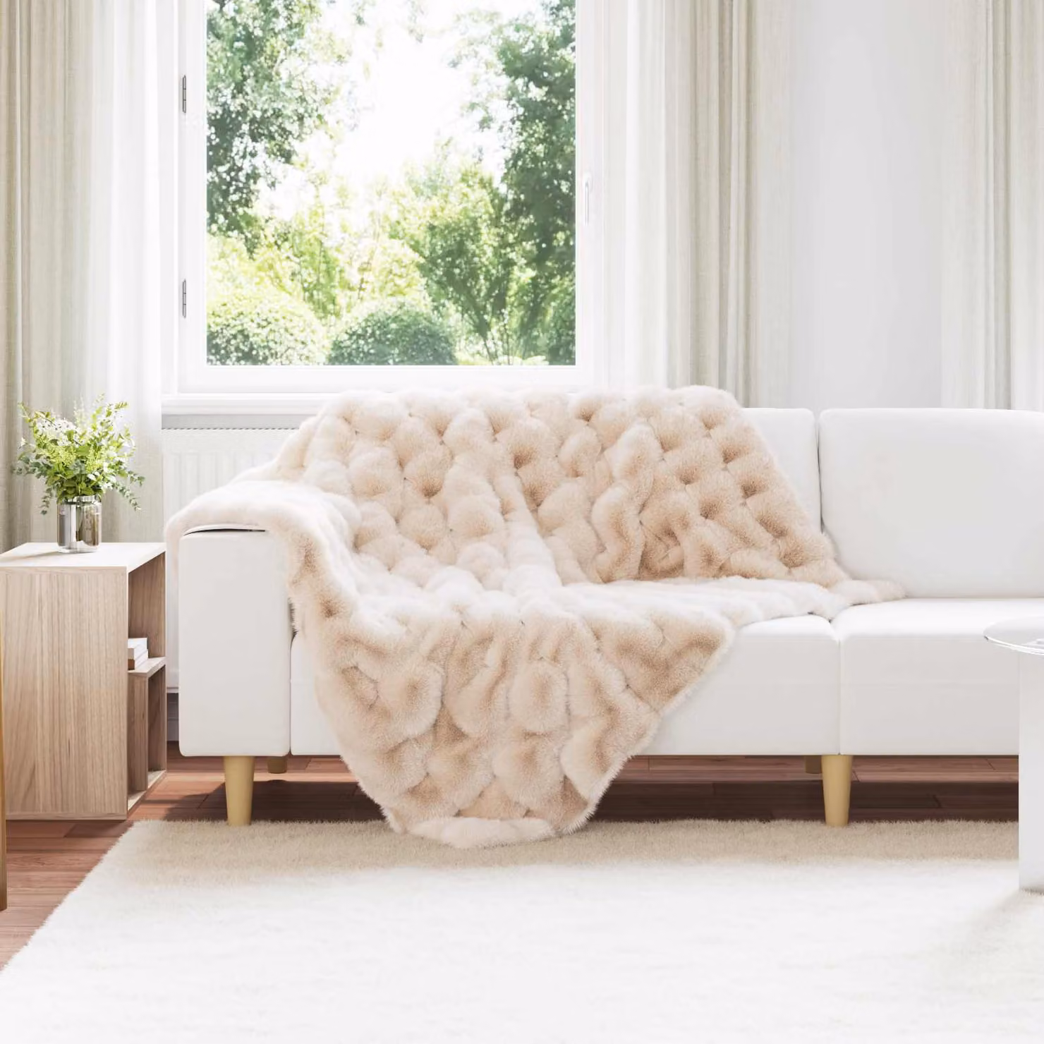 vidaXL Coperta in ecopelliccia di coniglio beige L: 150 cm, P: 130 cm, H: 1 cm