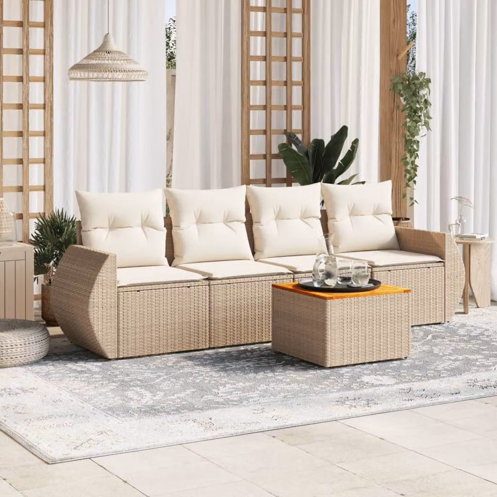 Set Divano da Giardino vidaXL 5 pz in Polyrattan Beige con Cuscini e Tavolino