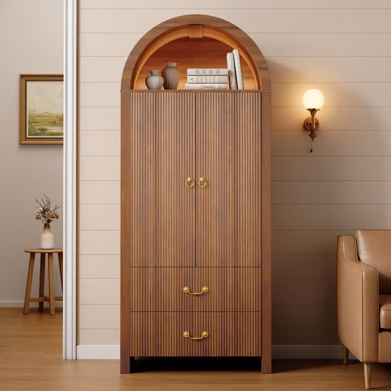 Armadio alto owish con frontale a coste e forma ad arco, luci LED dimmerabili controllabili tramite app, 2 ante e cassetti, maniglie in stile vintage, impiallacciatura di noce