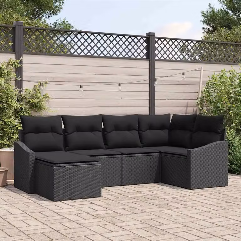 Set di divani da giardino vidaXL in polyrattan nero con cuscini e tavolino da esterno a forma di L