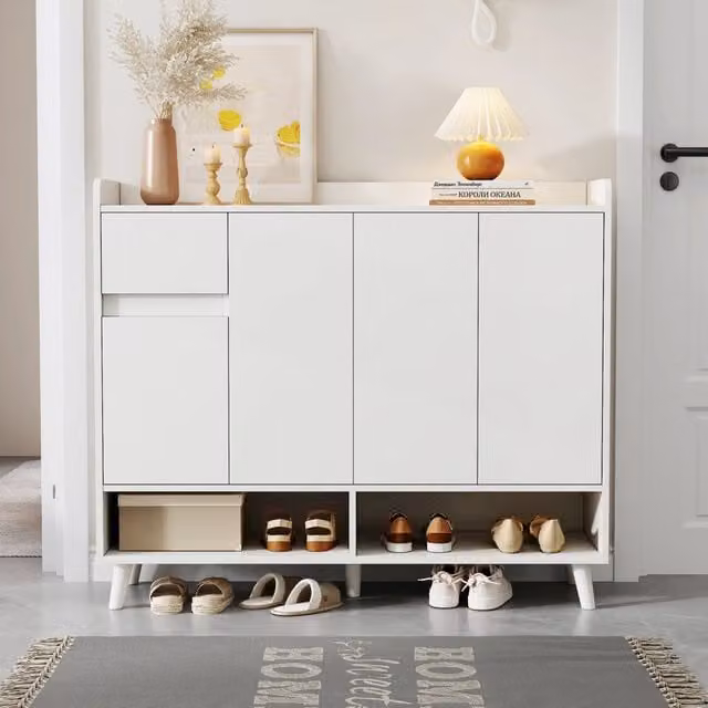 Scarpiera con 4 ante cassetto ripiano regolabile e piano d'appoggio in pannello truciolare bianco 120 × 35 × 99 cm