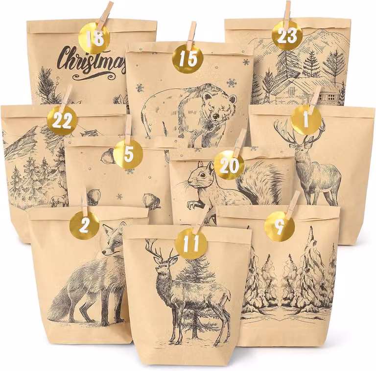 Calendario dell'Avvento 2025 da riempire, 24 sacchetti per calendario dell'Avvento da decorare, per bambini e adulti, calendario di Natale personalizzabile