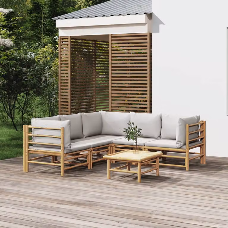 Set Salotto da Giardino vidaXL in Bambu con Cuscini Grigio Chiaro e Marrone