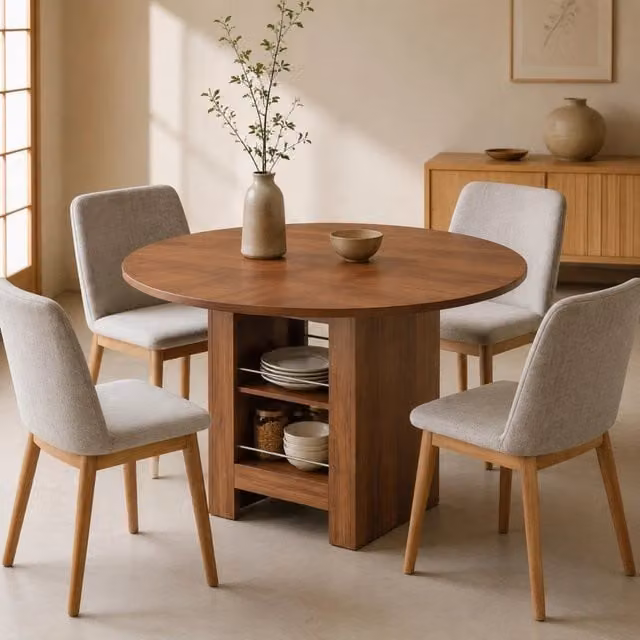 Tavolo da pranzo rotondo 100 cm noce con vani a giorno in MDF