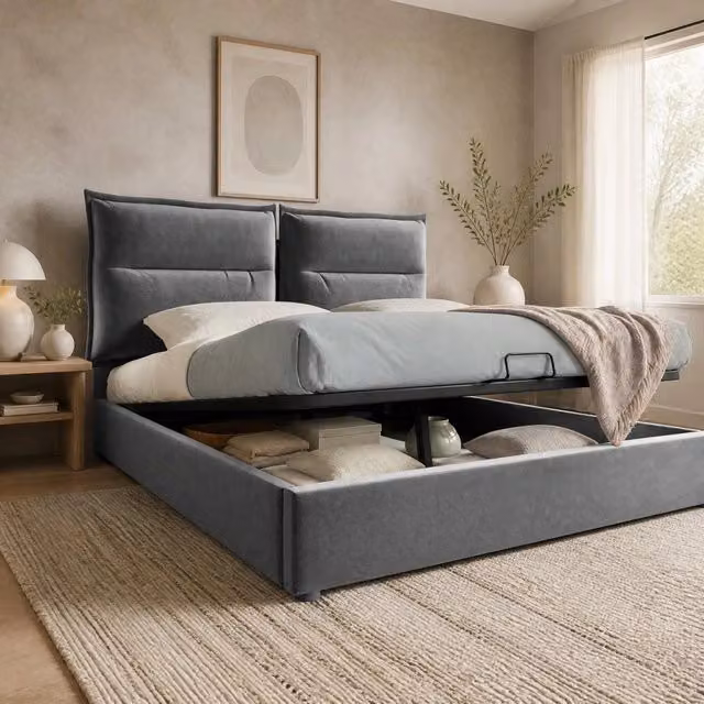Letto contenitore Mivray in velluto grigio con testiera regolabile e rete a doghe, L/P: 140 x 200 cm – 1