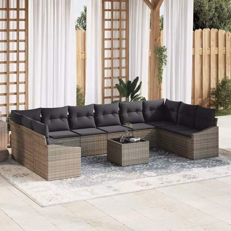 Set di divani da giardino vidaXL a forma di U in rattan grigio con 11 pezzi e cuscini inclusi