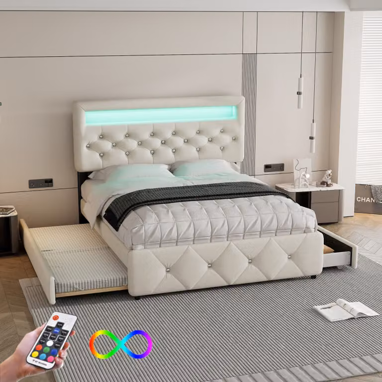 Letto imbottito Fortuna Lai 140x200cm+90x200cm allungabile, letto matrimoniale a piattaforma con 2 cassetti, tavolino con striscia luminosa, beige