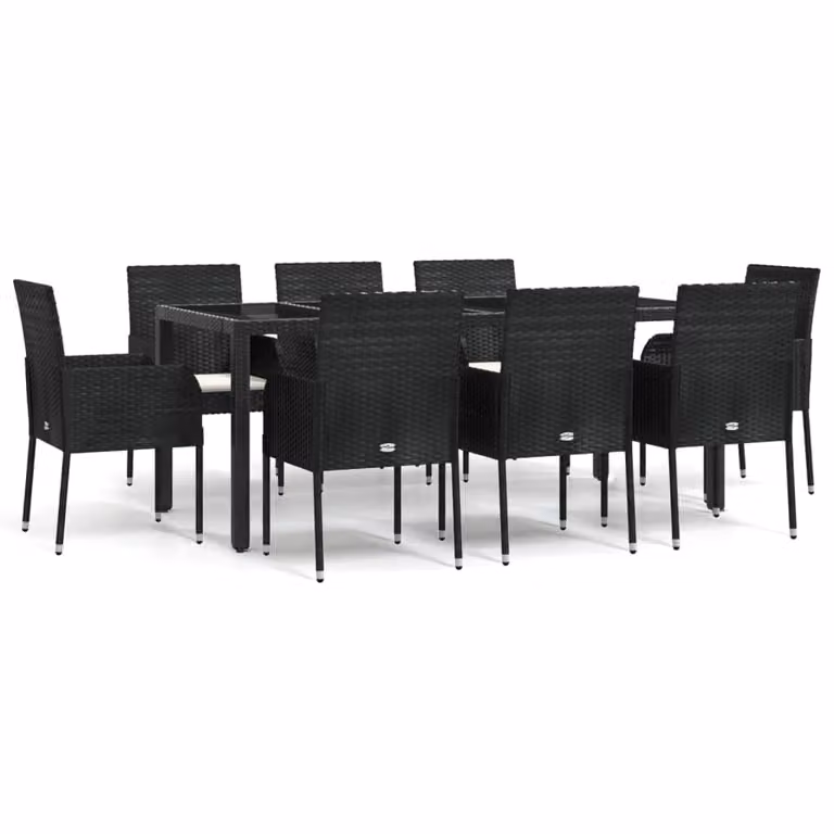 Set da Pranzo da Giardino 9 pz con Cuscini Nero in Polyrattan