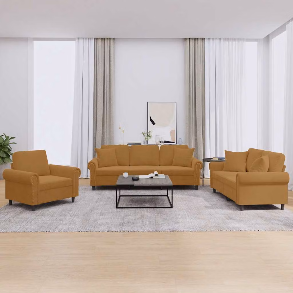 Set di divani vidaXL da 3 pezzi in velluto marrone con cuscini, design moderno per soggiorno