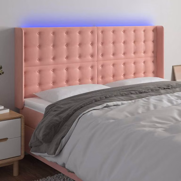 Testiera con LED e porta USB vidaXL in velluto rosa, L: 183 cm, P: 16 cm, H: 118-128 cm