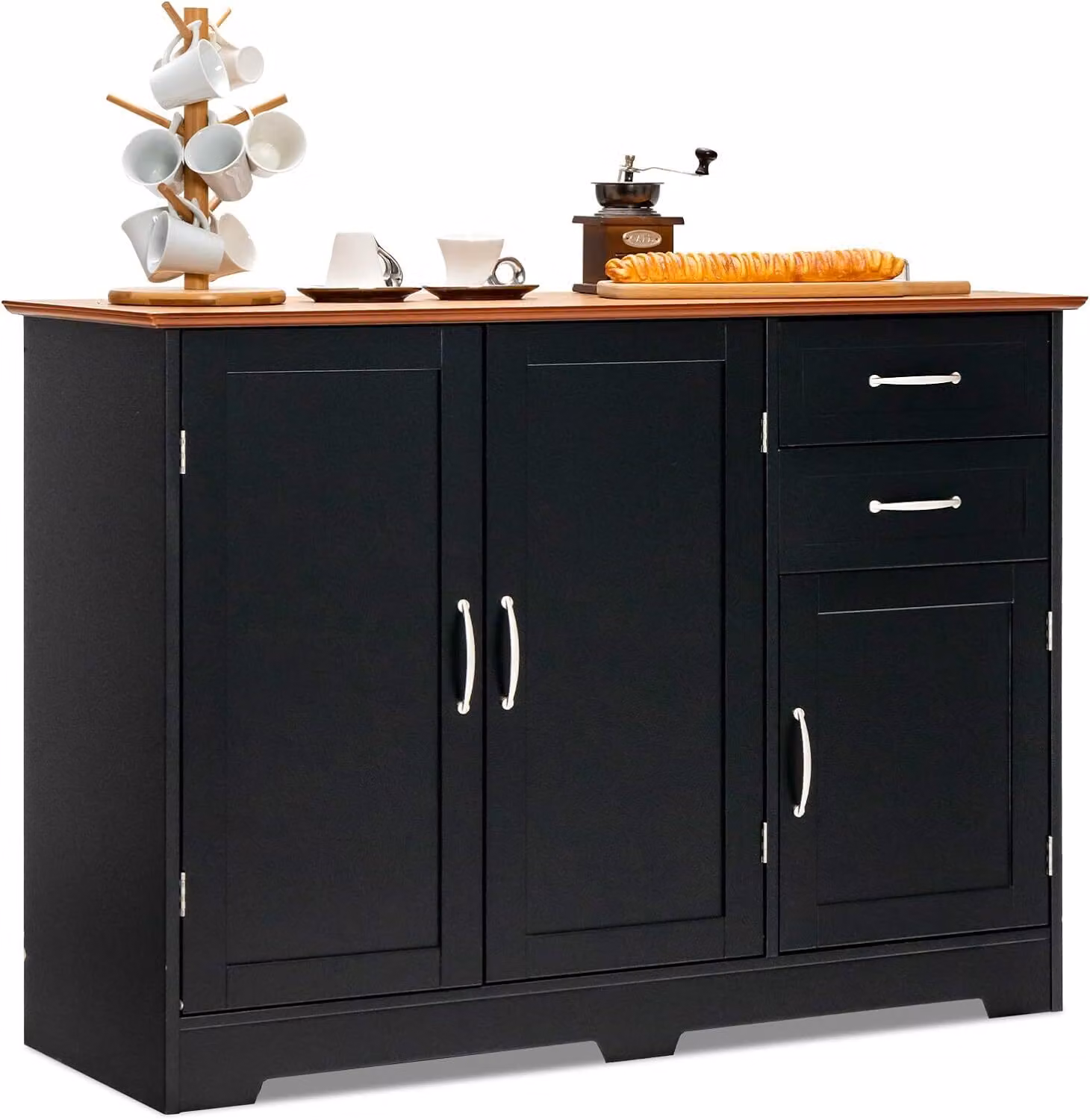KOMFOTTEU, mobiletto da cucina, credenza multifunzionale, mobiletto contenitore laterale con ante e 2 cassetti, adatto per cucina, sala da pranzo e soggiorno (nero)