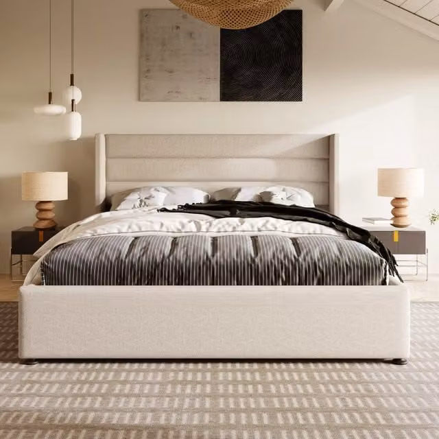 Letto contenitore matrimoniale imbottito 180x200 cm con sollevamento idraulico; rete a doghe in legno; telaio in metallo; lino beige