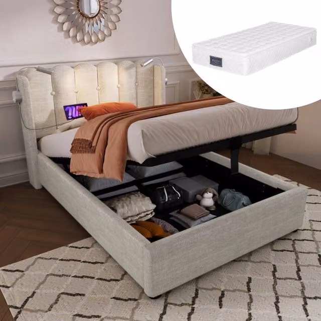 letto imbottito lino beige 90 x 200 cm