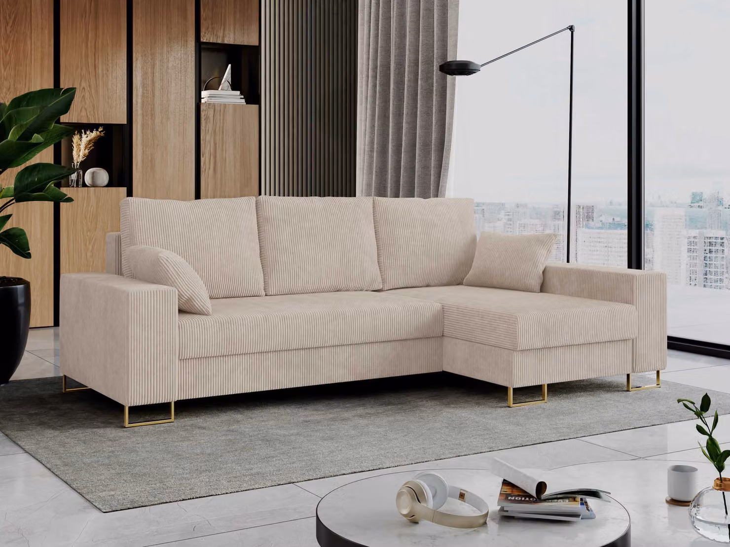 Divano ad angolo, divano letto, divano a L con base letto - DORIAN-L - Beige