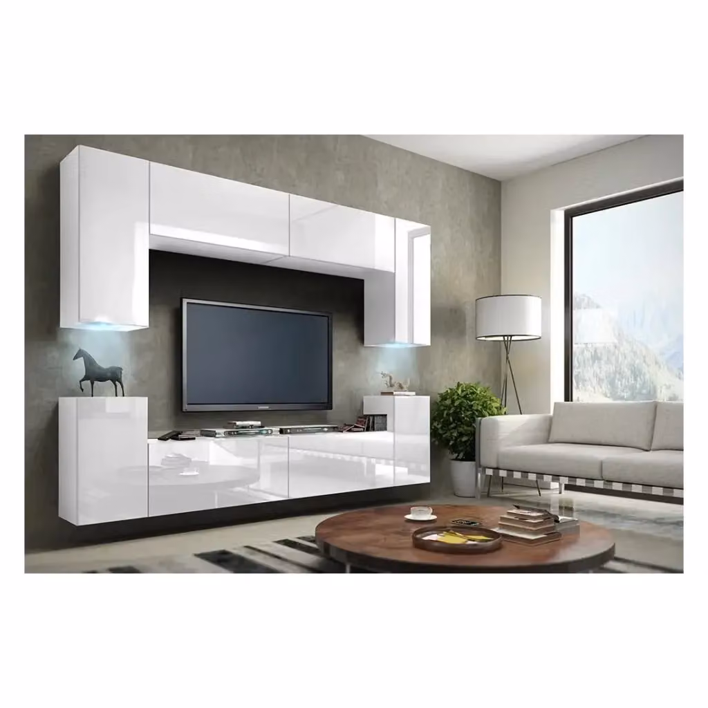 Set di mobili da soggiorno sospesi Meublorama collezione CEPTO bianco lucido, L: 240 cm, con 8 ante, 6 ripiani e illuminazione LED integrata – 2