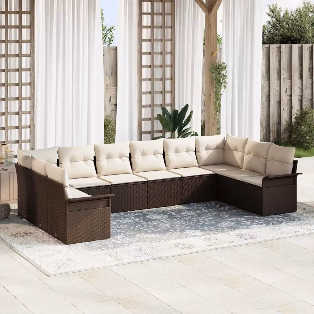 Set Divano da Giardino vidaXL 10 Pezzi Marrone con Cuscini e Tavolino in Polyrattan e Acciaio – 1