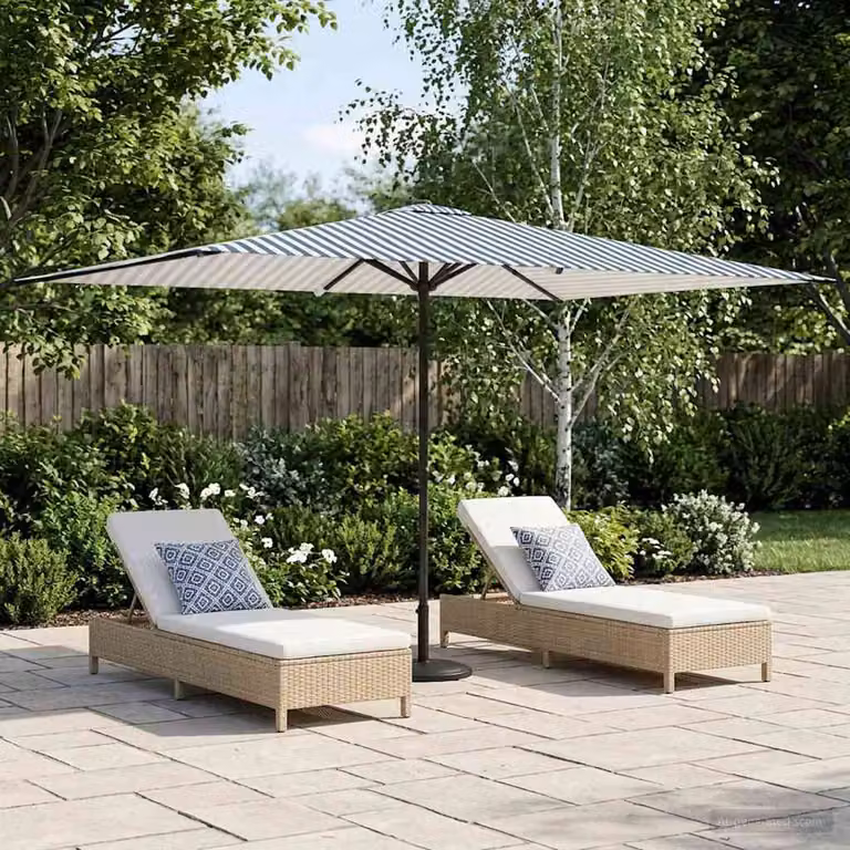 Ombrello da giardino rettangolare vidaXL in poliestere e acciaio, blu e bianco, L: 3 m, P: 2 m, H: 2,23 m