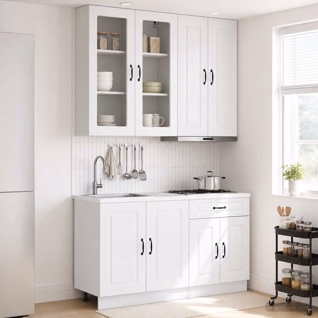 Set di unità cucina moderna vidaXL KALMAR composto da 4 pezzi in bianco lucido con ante in vetro e legno MDF