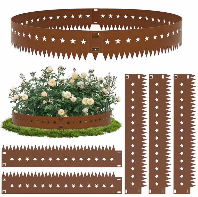Recinzione per giardino - Bordatura per prato in metallo - 5 pezzi - Motivo a stelle - 107,5 x 20 cm - 5 cm di picchetti da inserire nel terreno - Colore marrone ruggine