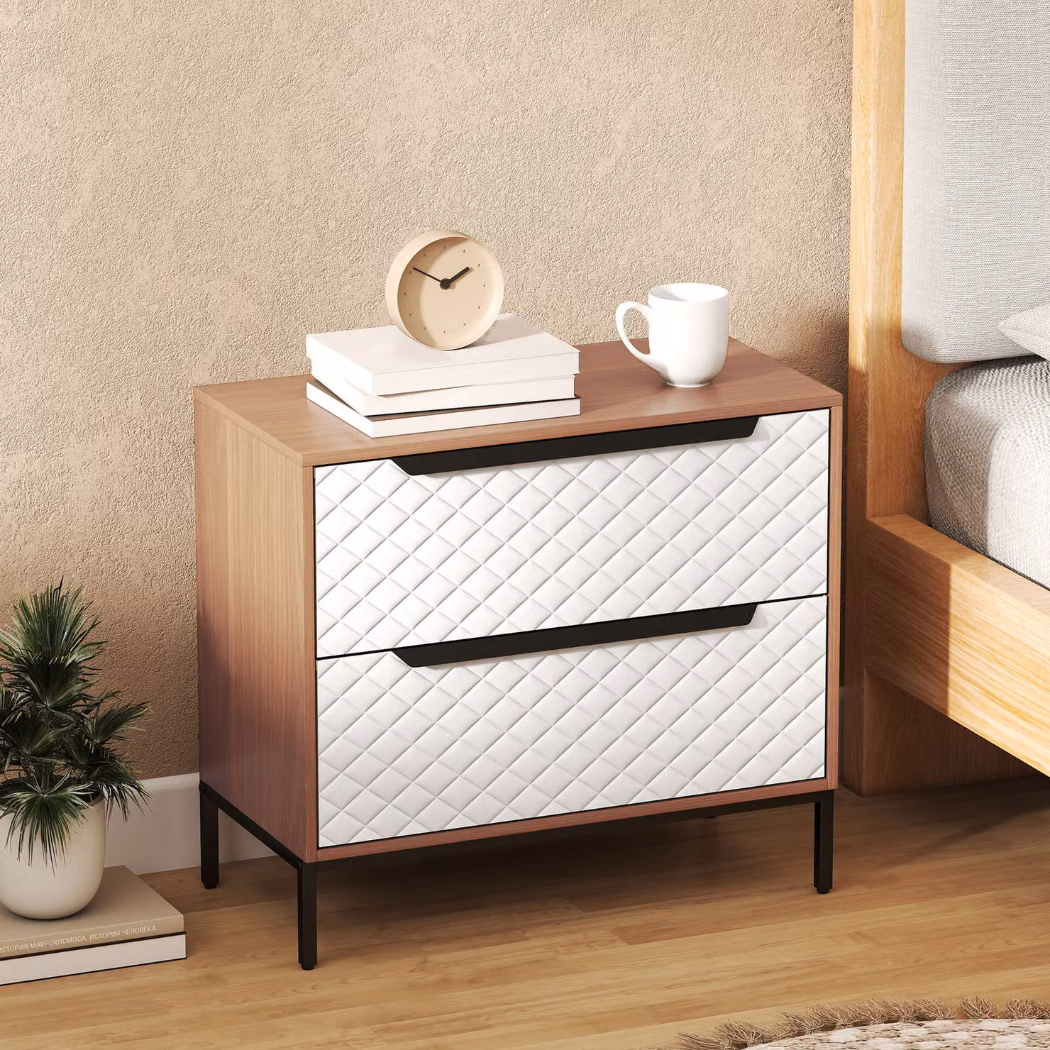 Comò HOMCOM con 2 Cassetti in Tessuto con Motivo a Diamante, Legno Naturale e Bianco – 2