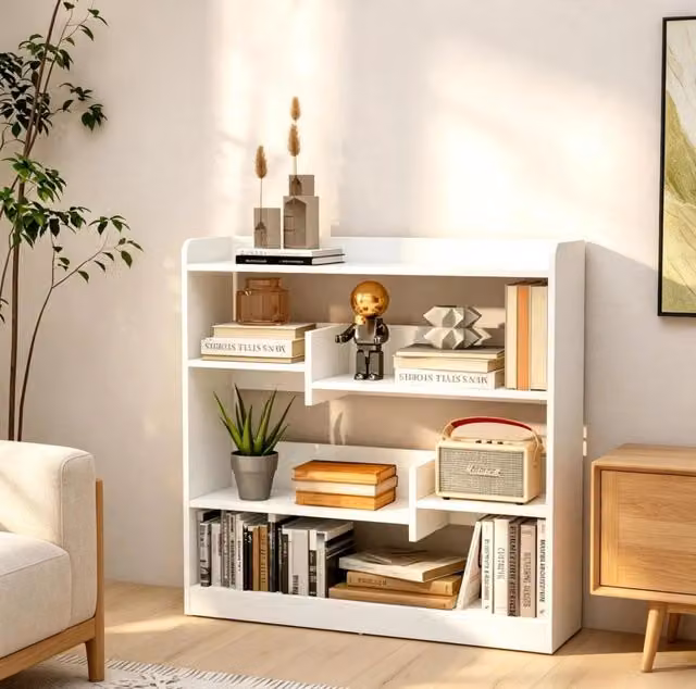 Libreria ULEVR 90x24x91 cm bianca con 4 livelli e 2 ripiani regolabili, in pannello truciolare