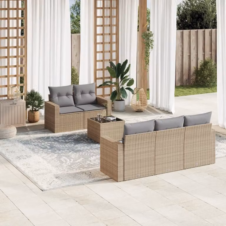 Set Divano da Giardino vidaXL 6 pz in Polyrattan Beige con Cuscini e Tavolino