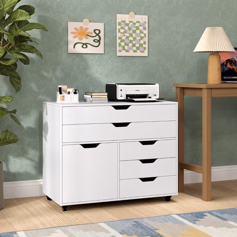 Armadietto laterale Costway con 5 cassetti e porta, supporto per stampante e archivio per ufficio o soggiorno, Bianco