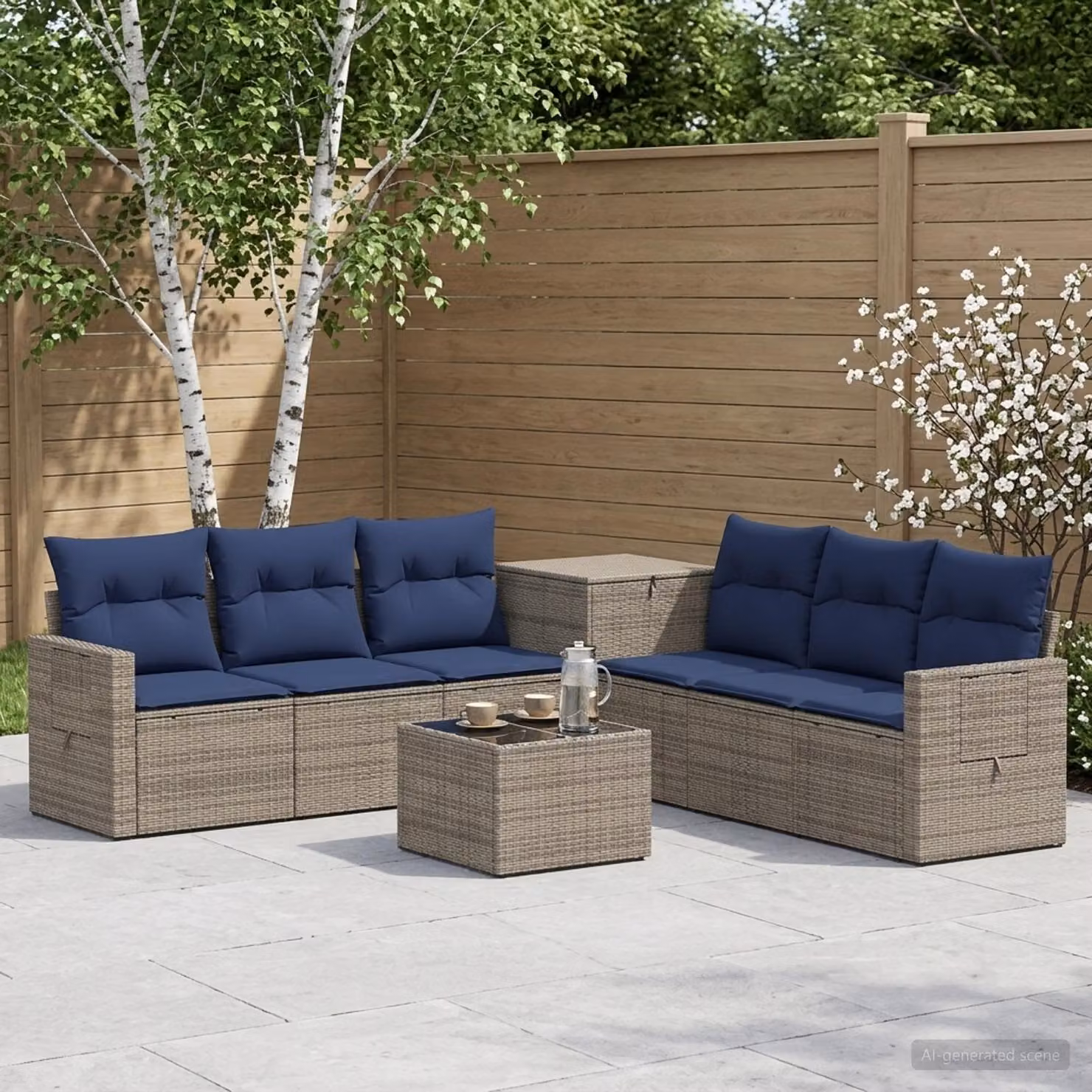 vidaXL Set di divani da giardino 8 pz in rattan e acciaio, Grigio e Blu Navy