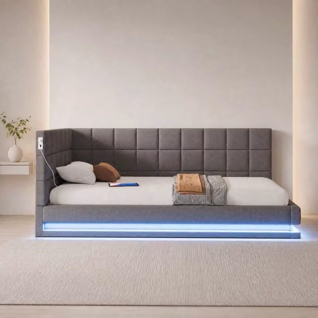 Divano letto 90 x 200 cm con LED; USB e rete a doghe; lino; grigio