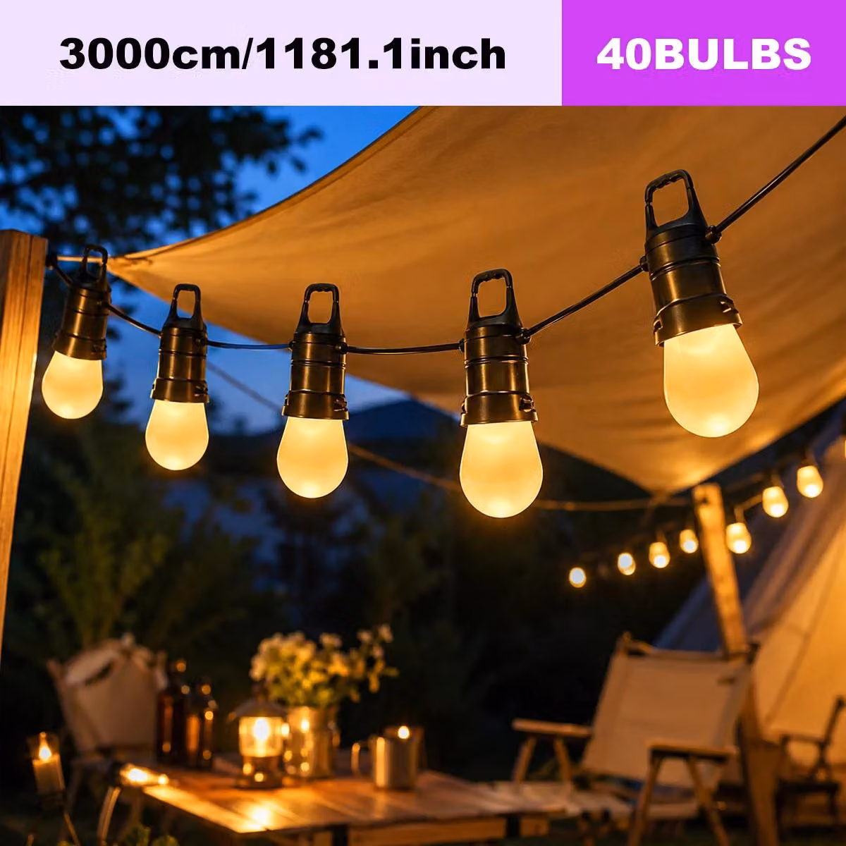 Catena luminosa a LED per esterni - 30 metri, 40 lampadine a forma di sfera - Controllo tramite app e telecomando - Intensità regolabile - Sincronizzazione con la musica - Grado di protezione IP44 - Spina di tipo EU