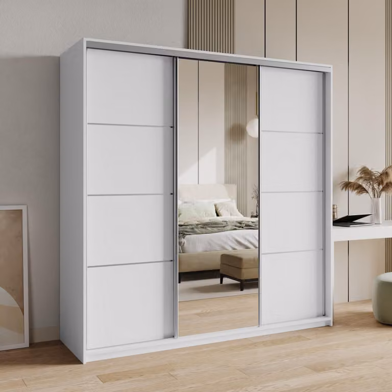 Armadio scorrevole Masseno VARO 180/205/60 cm Armadio con 4 cassetti Armadio per camera da letto a 3 ante con specchio Bianco