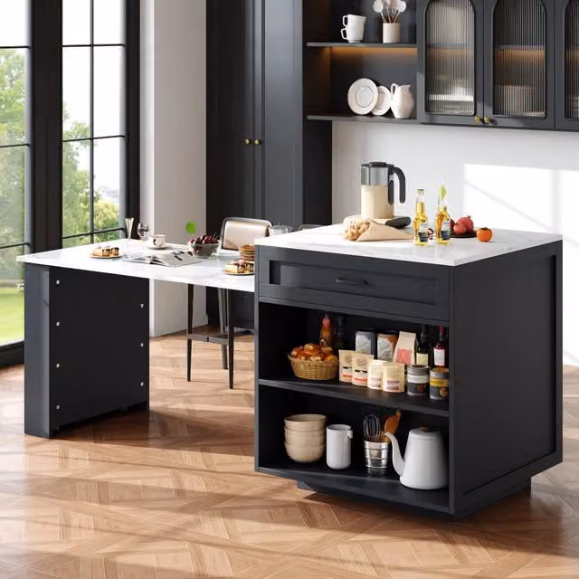 Tavolo bar allungabile WISHDOR con contenitore, 1 cassetto e vani aperti, colore nero, L: 133-202 cm, P: 70 cm, H: 93,5 cm – 1