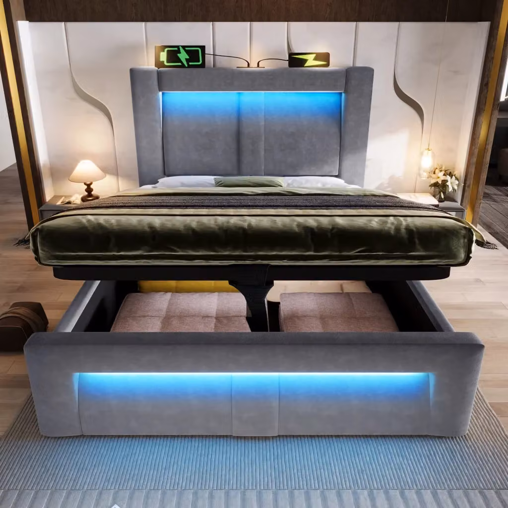 Letto contenitore singolo in velluto grigio con illuminazione LED, porte USB e Type-C, dimensioni 90x200 cm – 2