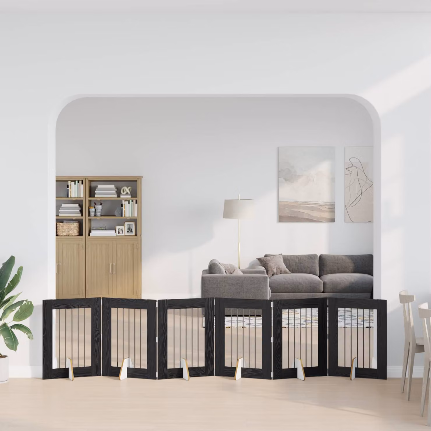 Cancello per cani pieghevole vidaXL con 6 supporti, colore nero e finitura rovere