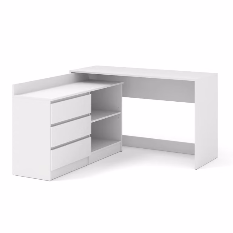 Scrivania angolare da ufficio Homlando, dimensioni 130 x 120 cm, estendibile, con cassettiera a 3 cassetti, colore bianco