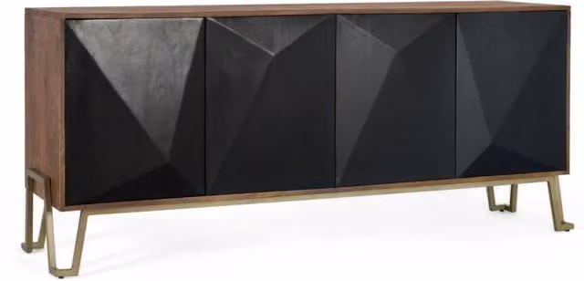 Credenza moderna in legno di mango e metallo con dettagli geometrici per la tua sala da pranzo, disponibile nei colori marrone, nero e oro