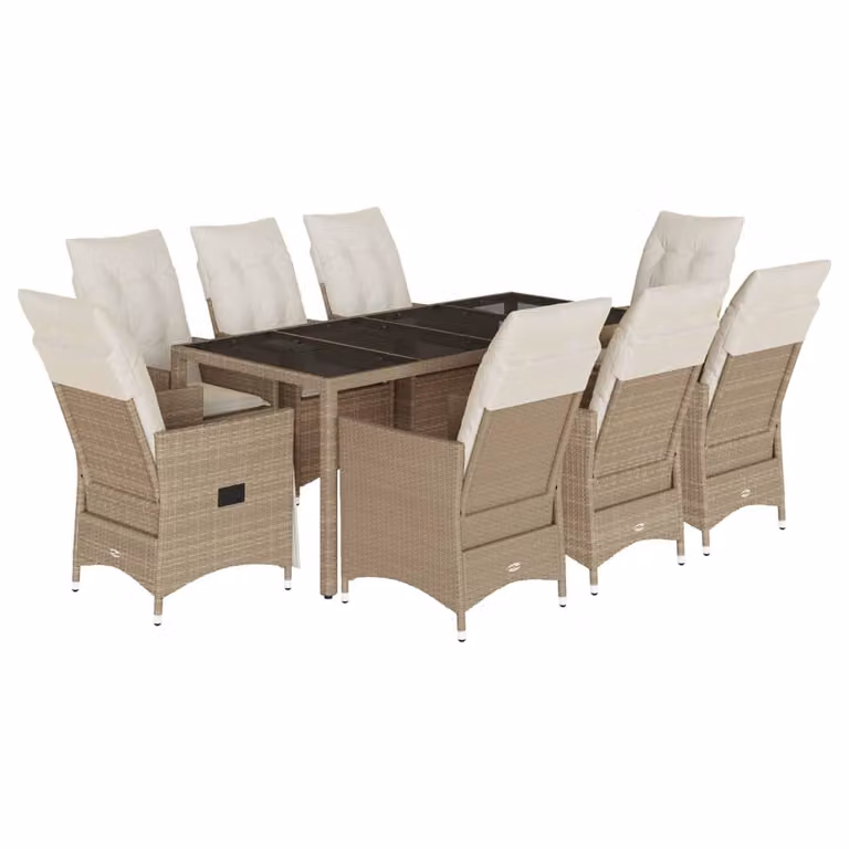 Set da Pranzo da Giardino 9 pz con Cuscini Beige in Polyrattan