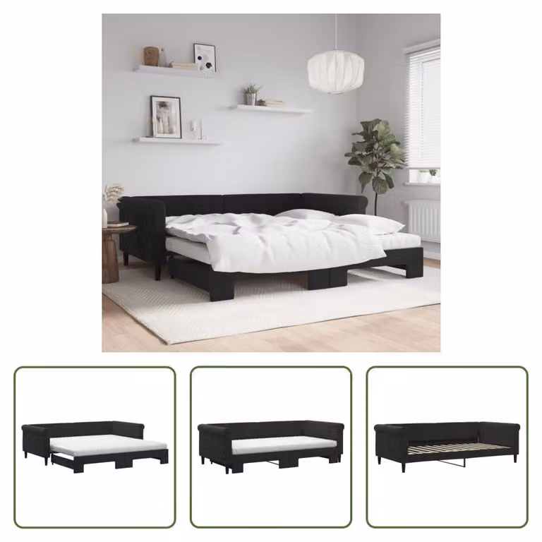The Living Store Letto da giorno allungabile con materassi nero 100x200 cm in velluto